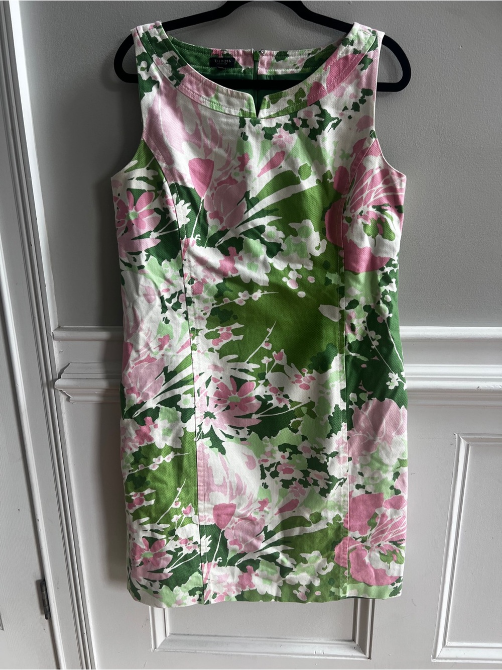 Talbots Floral Shift Dress Size 14 Pink Green Cotton Sleeveless Spring